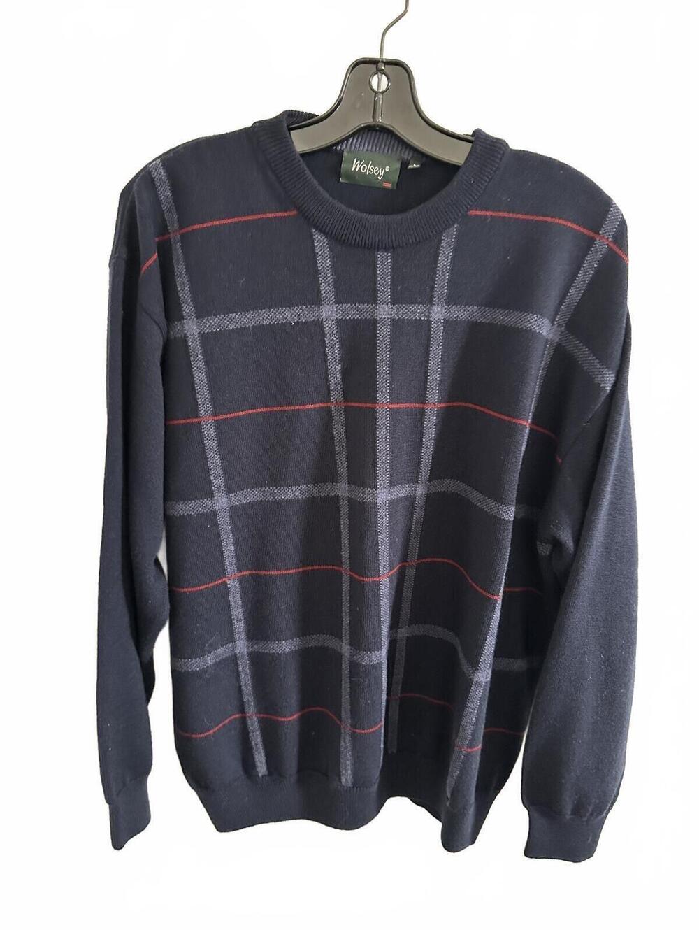 Wolsey Men's Navy Blue Crew Neck Woll Blend Sweater with Plaid Pattern - Size L